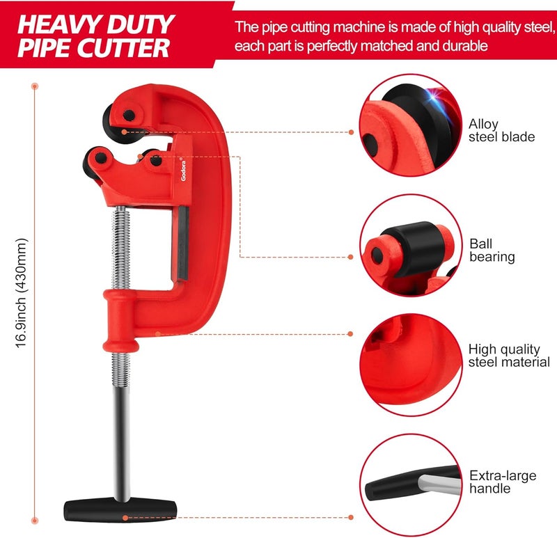 Godora Professional 1-3" Pipe Cutter Tool with an Extra Blade, Sharp Rigid Tubing Cutter Cuts Up to Galvanized Pipe and Iron Pipe, Heavy Duty Metal Tube Cutter Great for Plumbers or Metalworkers - Image 1